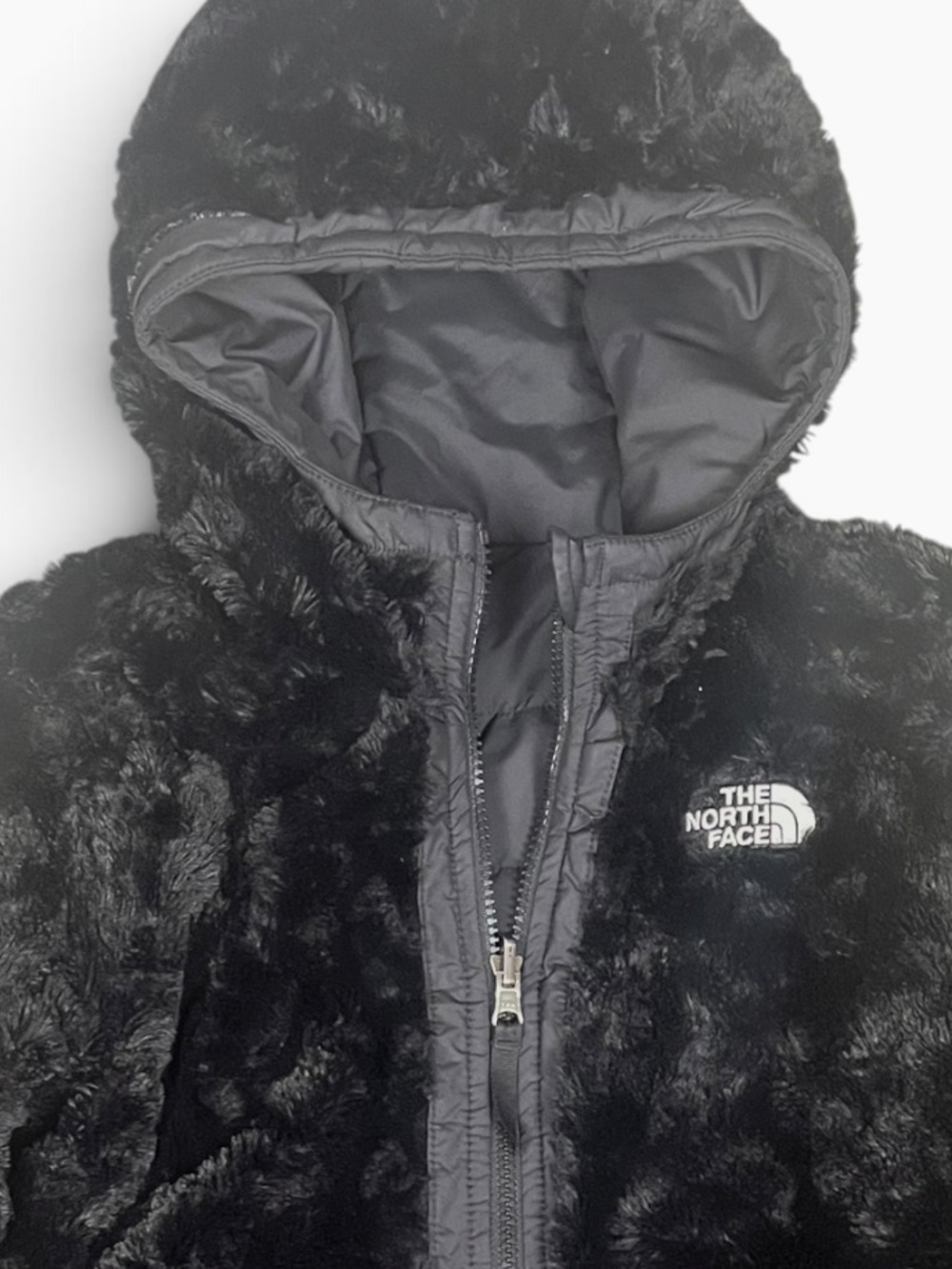 North Face Girls Reversible Mossbud Swirl Parka Jacket Size Medium Black Hooded - Picture 4 of 11